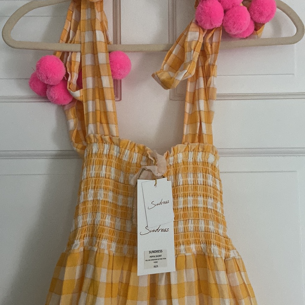 Sundress Pippa Short Dress in Yellow Gingham & Pink Pom Pom Accents - size xs/sm - Picture 6 of 7